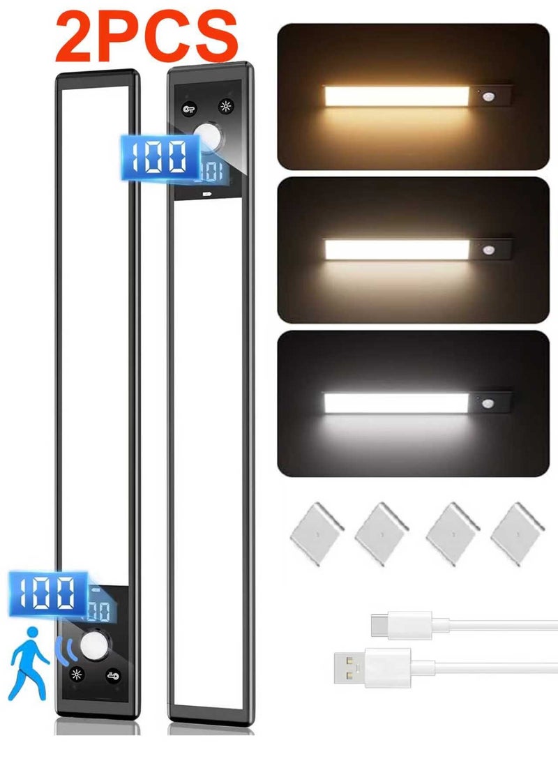 لياوسيسي ٢ قطعة مصابيح تحت الخزانة لاسلكية مغناطيسية مع ٥٢ مصباح LED قابلة لإعادة الشحن ومستشعر حركة مع شاشة رقمية داخلية، قابلة للتعتيم بثلاث درجات حرارة للون، ضوء تحت العداد للمطبخ والخزانة والسلالم - Image 1